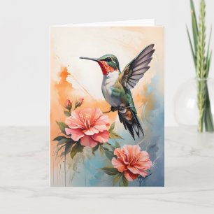 Kolibrie omringd door Mooie Bloemen Wit Kaart