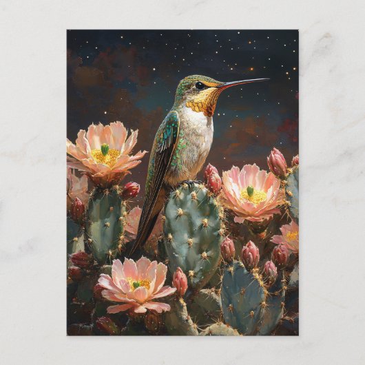 Kolibrie op een Bloeiende Cactus Briefkaart (Voorkant)
