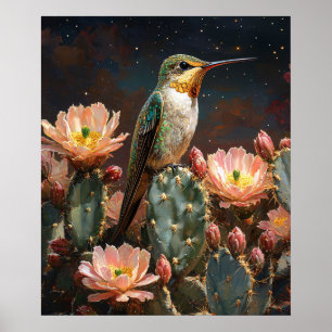Kolibrie op een bloeiende cactus poster