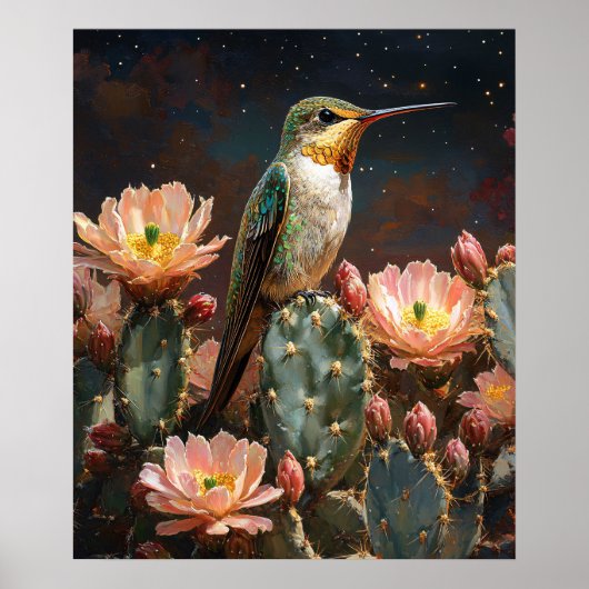 Kolibrie op een bloeiende cactus poster (Voorkant)