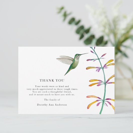 Kolibrie rouwbegrafenis bedankkaart kaart (Staand voorkant)