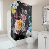 Kolibrie, rozen: waterverf zwarte achtergrond douchegordijn (In situ)