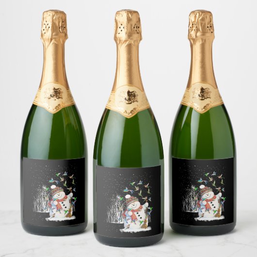 Kolibrie Sneeuwman Vrolijk Kerstfeest Sparkling Wijnetiket (Flessen)