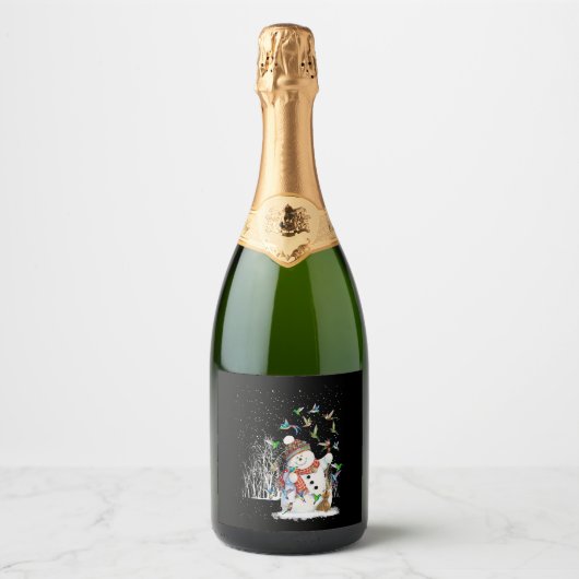 Kolibrie Sneeuwman Vrolijk Kerstfeest Sparkling Wijnetiket (Voorkant)