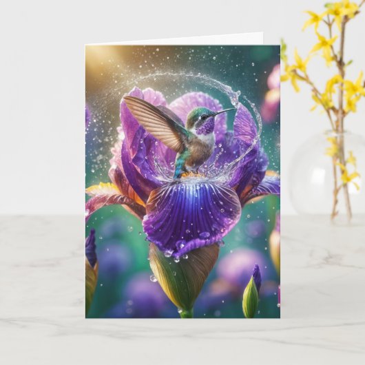 Kolibrie spettert in een Paarse iris Kaart (Gele Bloem)