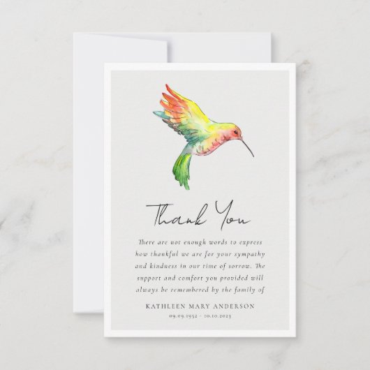 kolibrie sympathie begrafenis bedankkaart (Voorkant)