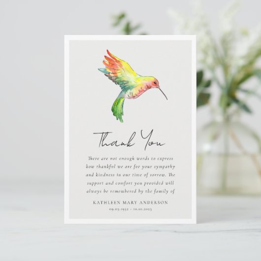 kolibrie sympathie begrafenis bedankkaart (Staand voorkant)
