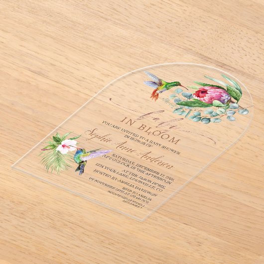 Kolibrie Tropische Bloemen Meisje Baby in Bloei Acryl Uitnodigingen (Laagn)