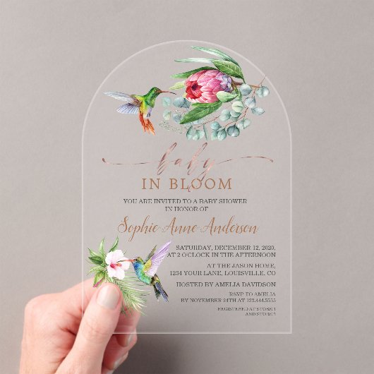 Kolibrie Tropische Bloemen Meisje Baby in Bloei Acryl Uitnodigingen (Insitu (Draagbaar))