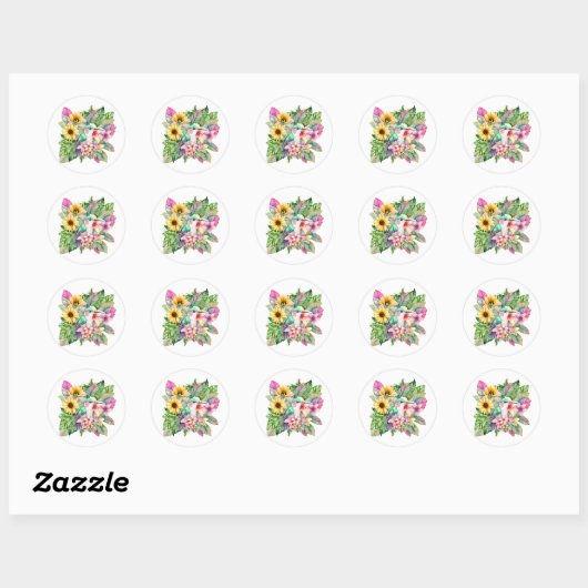 Kolibrie & tropische bloemen ronde sticker (Vel)