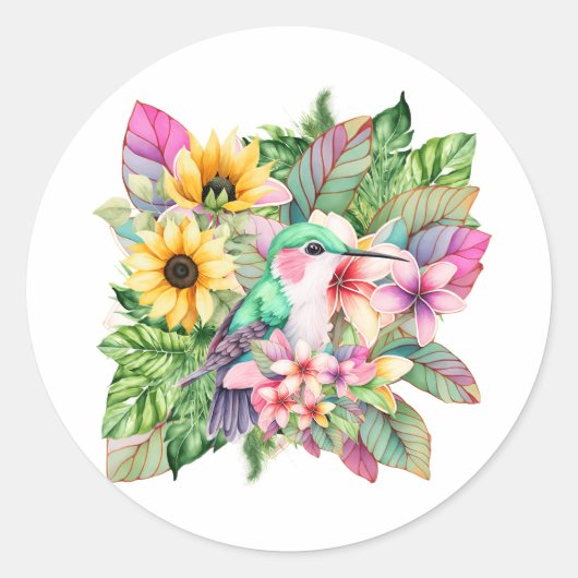 Kolibrie & tropische bloemen ronde sticker (Voorkant)
