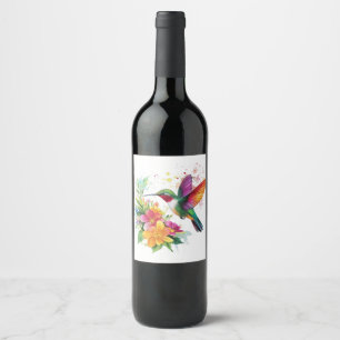 Kolibrie tropische bloemen wijn etiket