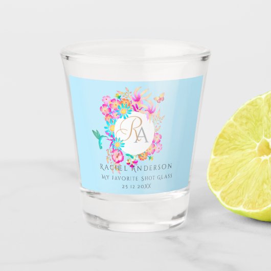 Kolibrie Tuin Monogram Blauwe Shot Glas (Voorkant)