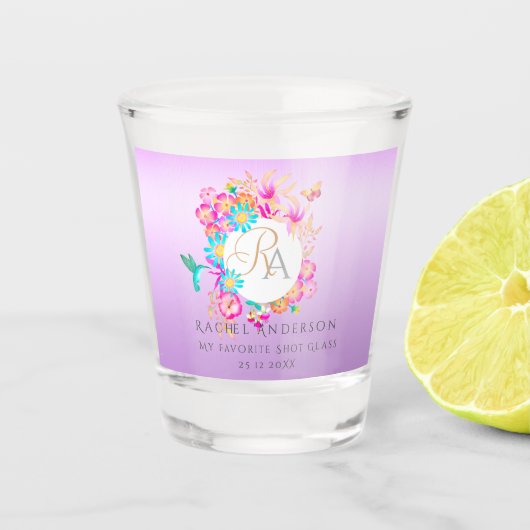 Kolibrie Tuin Monogram Paars Shot Glas (Voorkant)