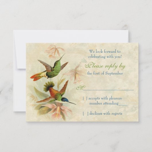 Kolibrie Vintage Bloem Bruiloft RSVP Antwoord (Voorkant)
