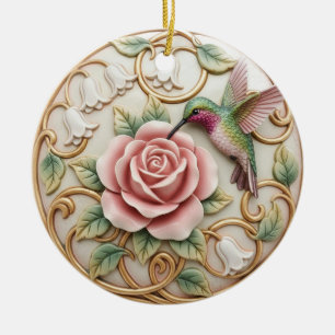 Kolibrie Vintage Victoriaanse Roze Roos Bloemig Keramisch Ornament