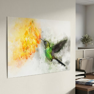 Kolibrie vliegen met bloem Waterverf - 02 Poster