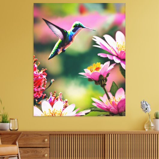 Kolibrie vliegend naar een bloemen Canvas Print (Insitu (Woonkamer))