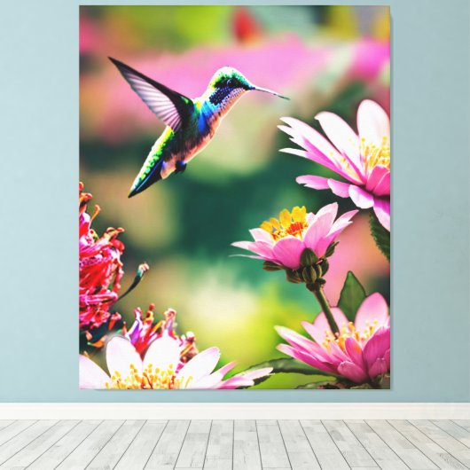 Kolibrie vliegend naar een bloemen Canvas Print (Insitu (Houten vloer))