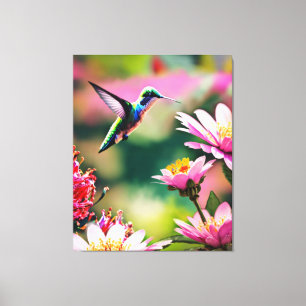 Kolibrie vliegend naar een bloemen Canvas Print