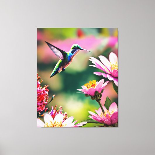 Kolibrie vliegend naar een bloemen Canvas Print (Voorkant)