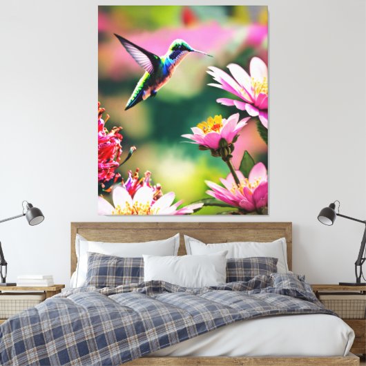 Kolibrie vliegend naar een bloemen Canvas Print (Insitu (Slaapkamer))