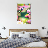 Kolibrie vliegt naar een bloem Canvas Print (Insitu (Slaapkamer))