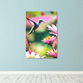 Kolibrie vliegt naar een bloem Canvas Print (Insitu (Houten vloer))