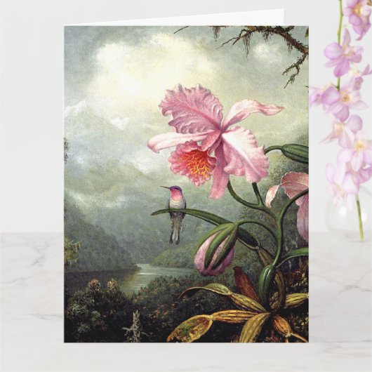 Kolibrie zit, fijne kunst, kaart (Orchidee)
