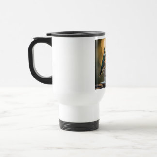Kolibrie zittend op een koffiemok Reismok  Reisbeker