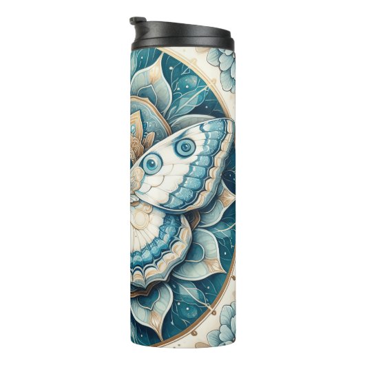 Kolibriemmot Mandala in goud, wit en blauw Thermosbeker (Geroteerd rechts)