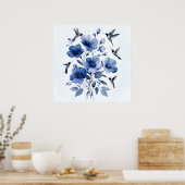 Kolibries Blauw en Wit Elegante Bloemenkunst Poster (Keuken)