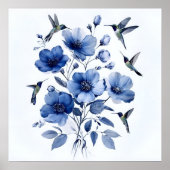 Kolibries Blauw en Wit Elegante Bloemenkunst Poster (Voorkant)