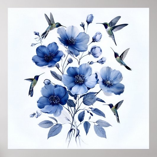 Kolibries Blauw en Wit Elegante Bloemenkunst Poster (Voorkant)