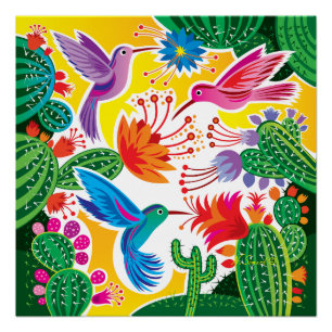 Kolibries en Bloeiende Cactussen Perfect Poster