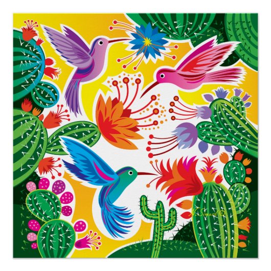 Kolibries en Bloeiende Cactussen Perfect Poster (Voorkant)