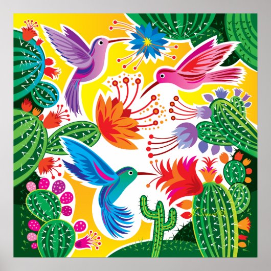 Kolibries en Bloeiende Cactussen Poster (Voorkant)