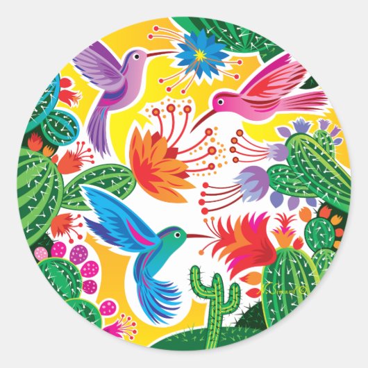 Kolibries en Bloeiende Cactussen Ronde Sticker (Voorkant)