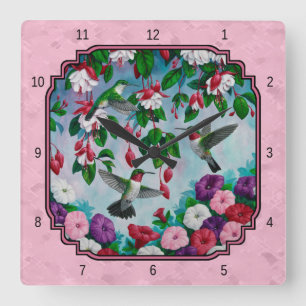 Kolibries en bloemen roze vierkante klok