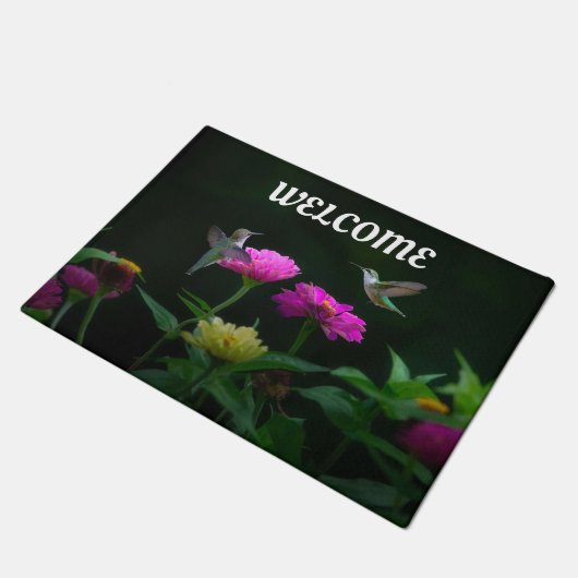 Kolibries in tuin deur mat (Schuin)