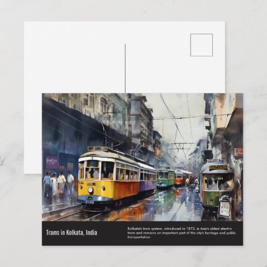 Kolkata Trams waterverf schilderij. Briefkaart (Voorkant / Achterkant)