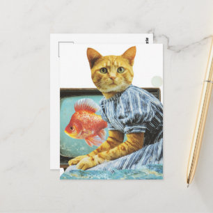 Kollage met kat met goudvis op tv briefkaart