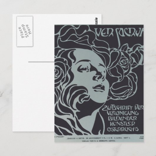 Koloman Moser-Girl's hoofd. Hoesje ontwerp Ver Sac Briefkaart (Voorkant / Achterkant)