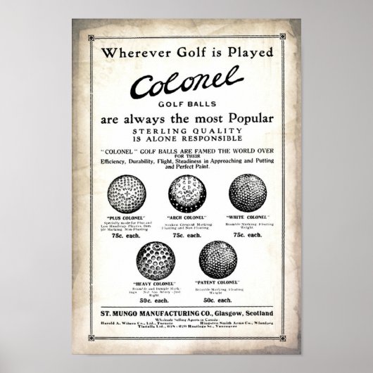 Kolonel Golf Balls Advertisement Print 1915 (Voorkant)