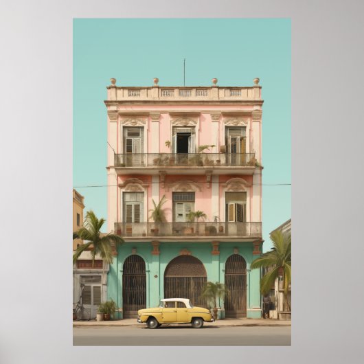 Koloniaal Gebouw Gele Auto Havana Cuba Poster (Voorkant)
