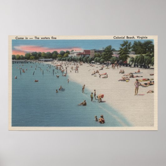 Koloniaal strand, VA - Zonnebaden en Zwemmen Poster (Voorkant)