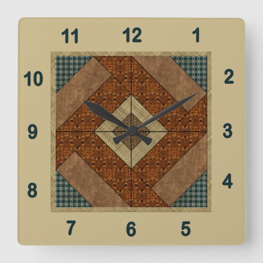 Koloniale Pavement Quilt Block Rust & Dark Green Vierkante Klok (Voorkant)