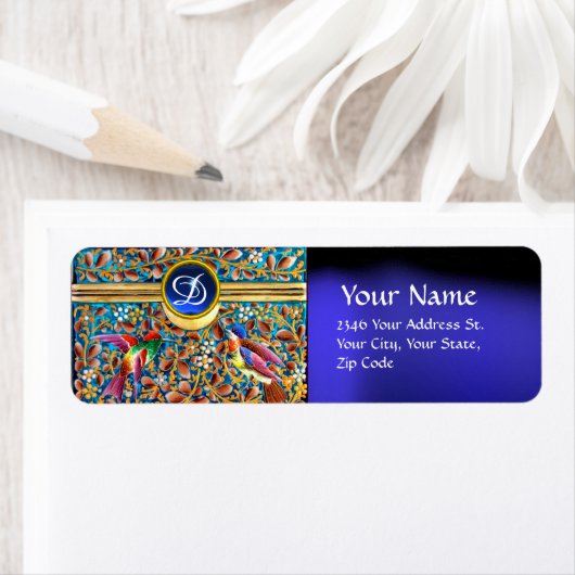 KOLOPENDE VOGELS EN ZWEEKDIEREN BLAUW-MONOGRAM ETIKET (Insitu)