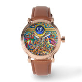 KOLOPENDE VOGELS EN ZWEEKDIEREN BLAUW-MONOGRAM HORLOGE (Voorkant)