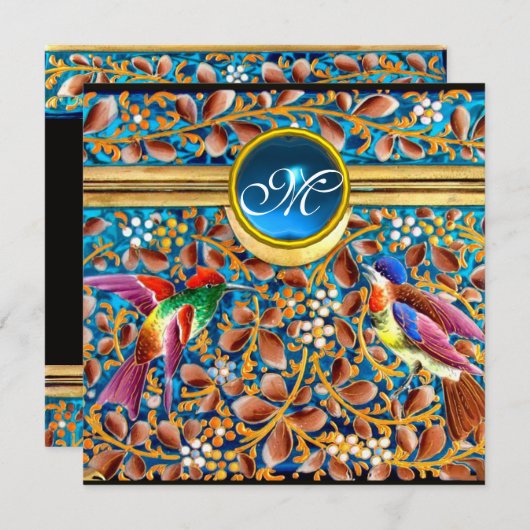 KOLOPENDE VOGELS EN ZWEEKDIEREN BLAUW-MONOGRAM KAART (Voorkant / Achterkant)